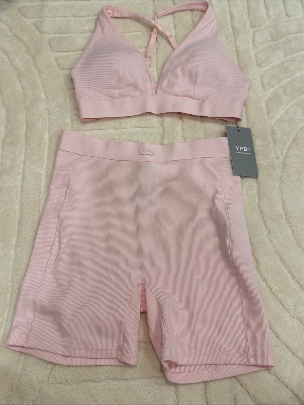 Abercrombie YPB Pink Ribbed Bralette & Biker Short Set